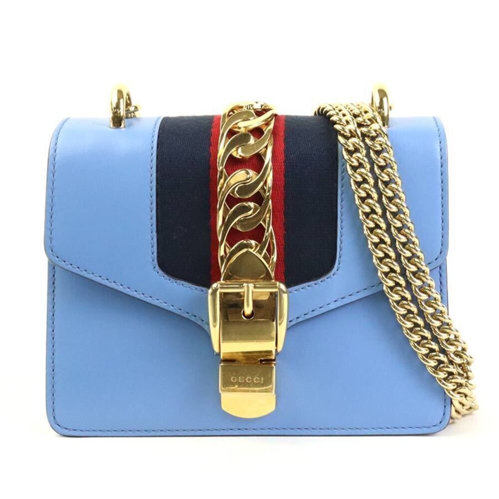 Gucci Sylvie Leather Shoulder Bag Blue Gold